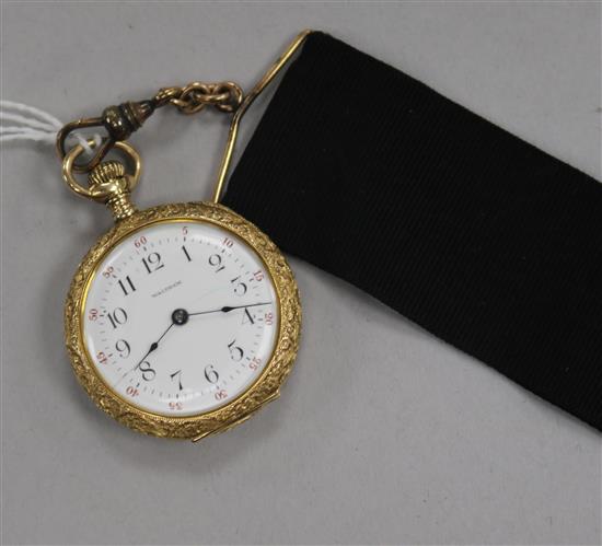 A Waltham 14ct gold fob watch, on suspension sash.